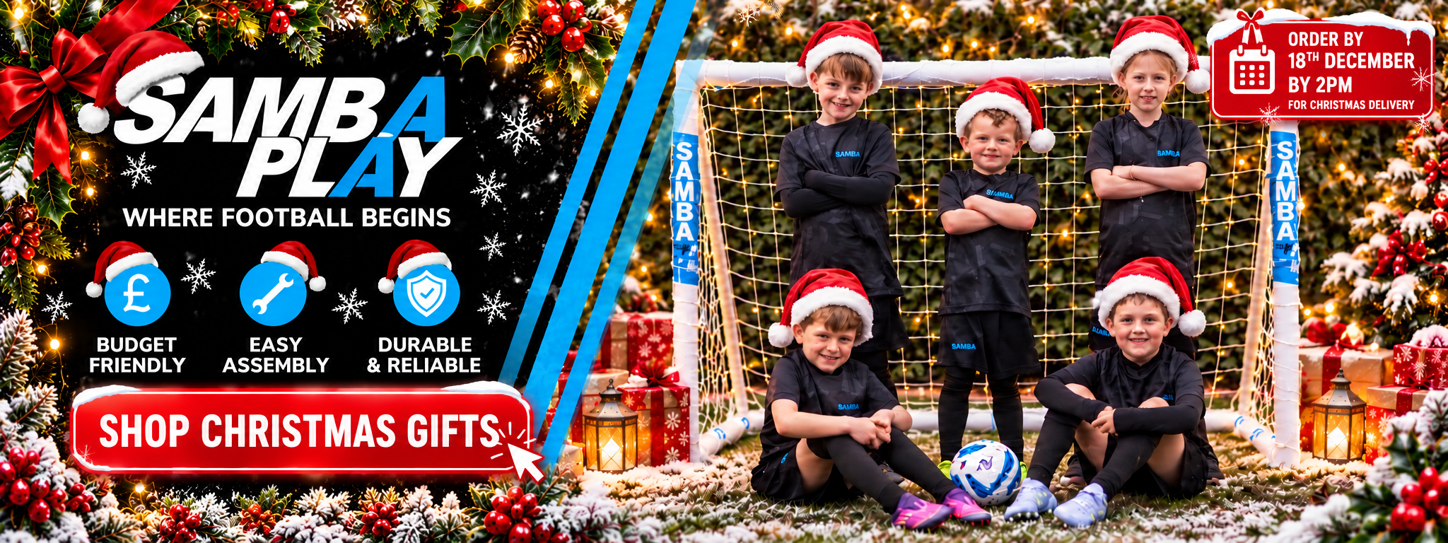 Christmas football gifts for kids at Samba Sports, including football goals, footballs and training equipment.