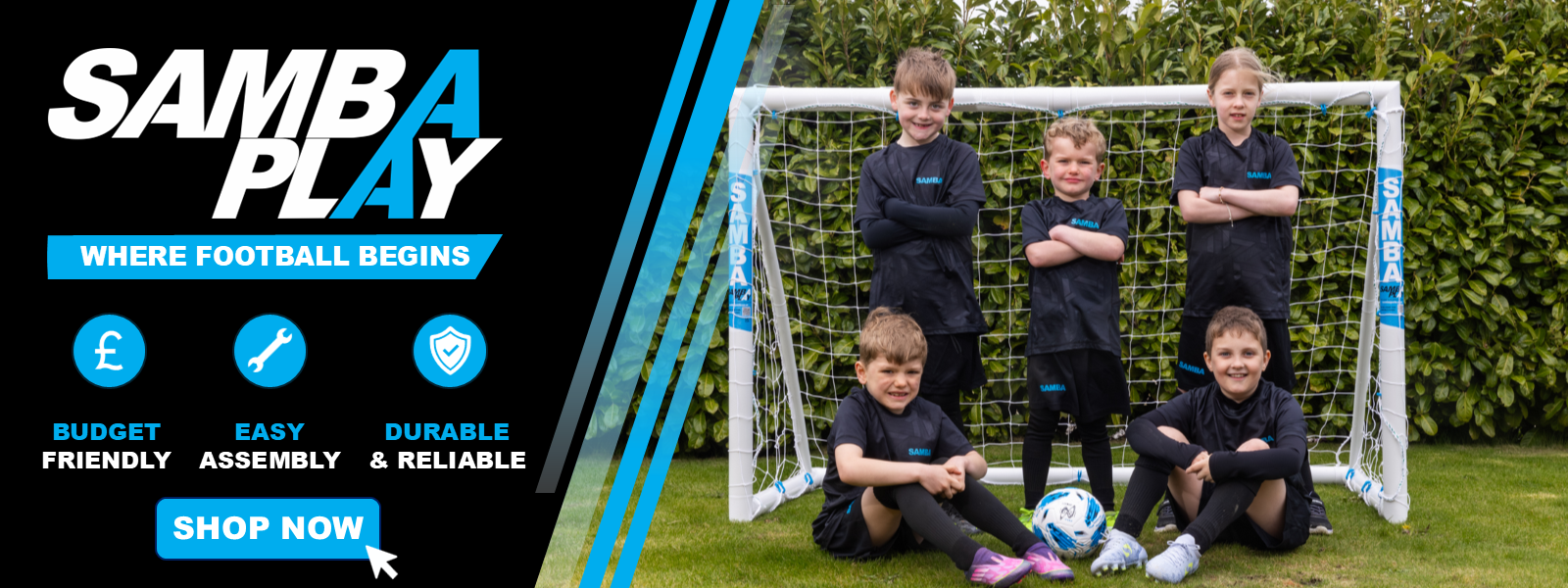 Kids garden football goals UK - SAMBA PLAY range from 6x4 to 12x6 sizes